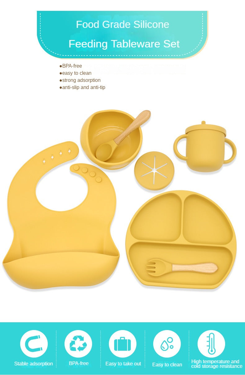 Complete Baby Dining Set: Silicone Plate, Bib, Bowl, Tableware, Mat, Spoon, Fork, Anti-Drop Snack Cup