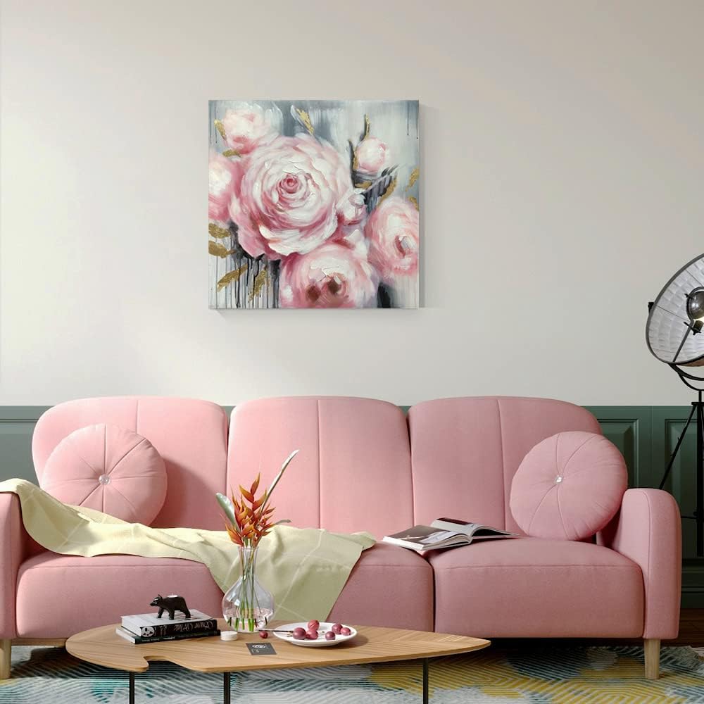 Abstract Textured Flower Oil Painting: Golden Pink 3D Blossom Wall Art (24x24 Inch, Ready to Hang)