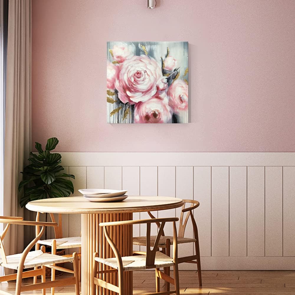 Abstract Textured Flower Oil Painting: Golden Pink 3D Blossom Wall Art (24x24 Inch, Ready to Hang)