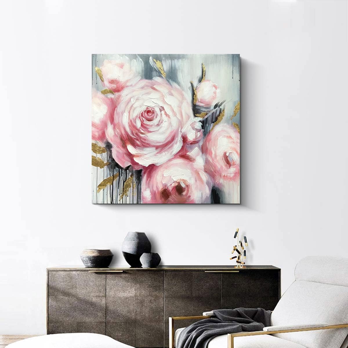 Abstract Textured Flower Oil Painting: Golden Pink 3D Blossom Wall Art (24x24 Inch, Ready to Hang)