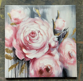 Abstract Textured Flower Oil Painting: Golden Pink 3D Blossom Wall Art (24x24 Inch, Ready to Hang)