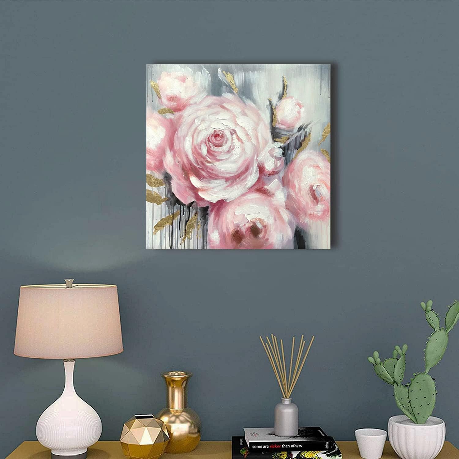 Abstract Textured Flower Oil Painting: Golden Pink 3D Blossom Wall Art (24x24 Inch, Ready to Hang)