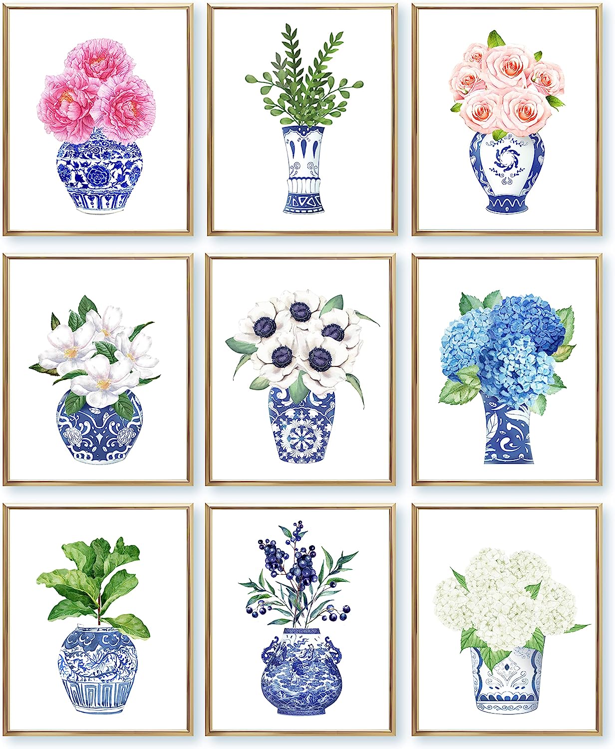 Blue and White Chinoiserie Wall Art: Elegant Porcelain Decor Prints (8x10, UNFRAMED)