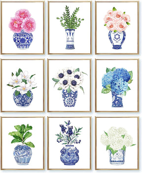 Blue and White Chinoiserie Wall Art: Elegant Porcelain Decor Prints (8x10, UNFRAMED)