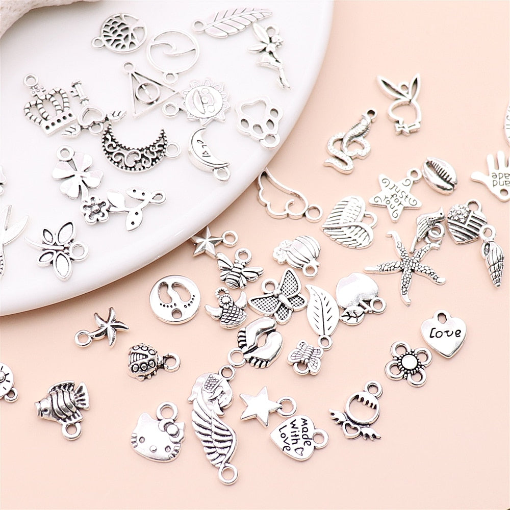 Set of 50 Mix Silver Plated Small Charms: DIY Jewelry Making Accessories for Women