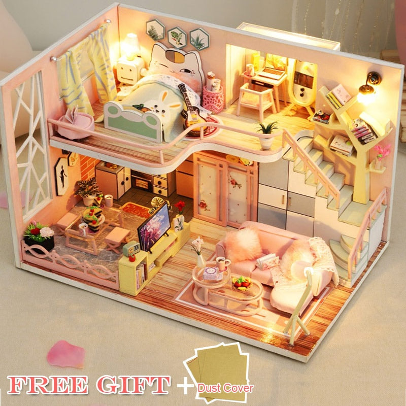 CUTEBEE Kids Toys Dollhouse with Furniture Assemble Wooden Miniature Doll House Diy Dollhouse Puzzle Toys For Children