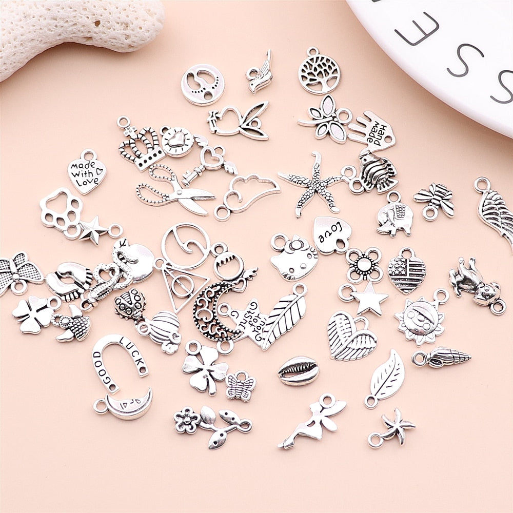 Set of 50 Mix Silver Plated Small Charms: DIY Jewelry Making Accessories for Women