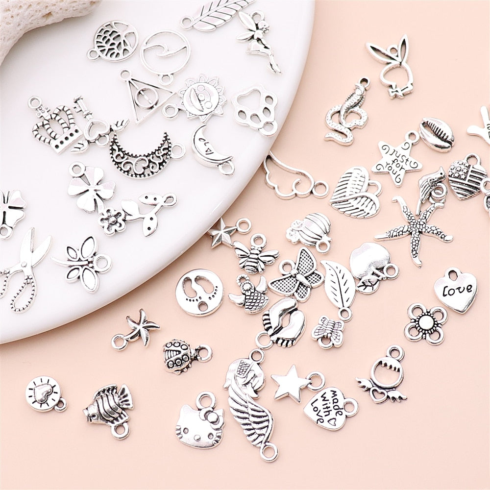 Set of 50 Mix Silver Plated Small Charms: DIY Jewelry Making Accessories for Women