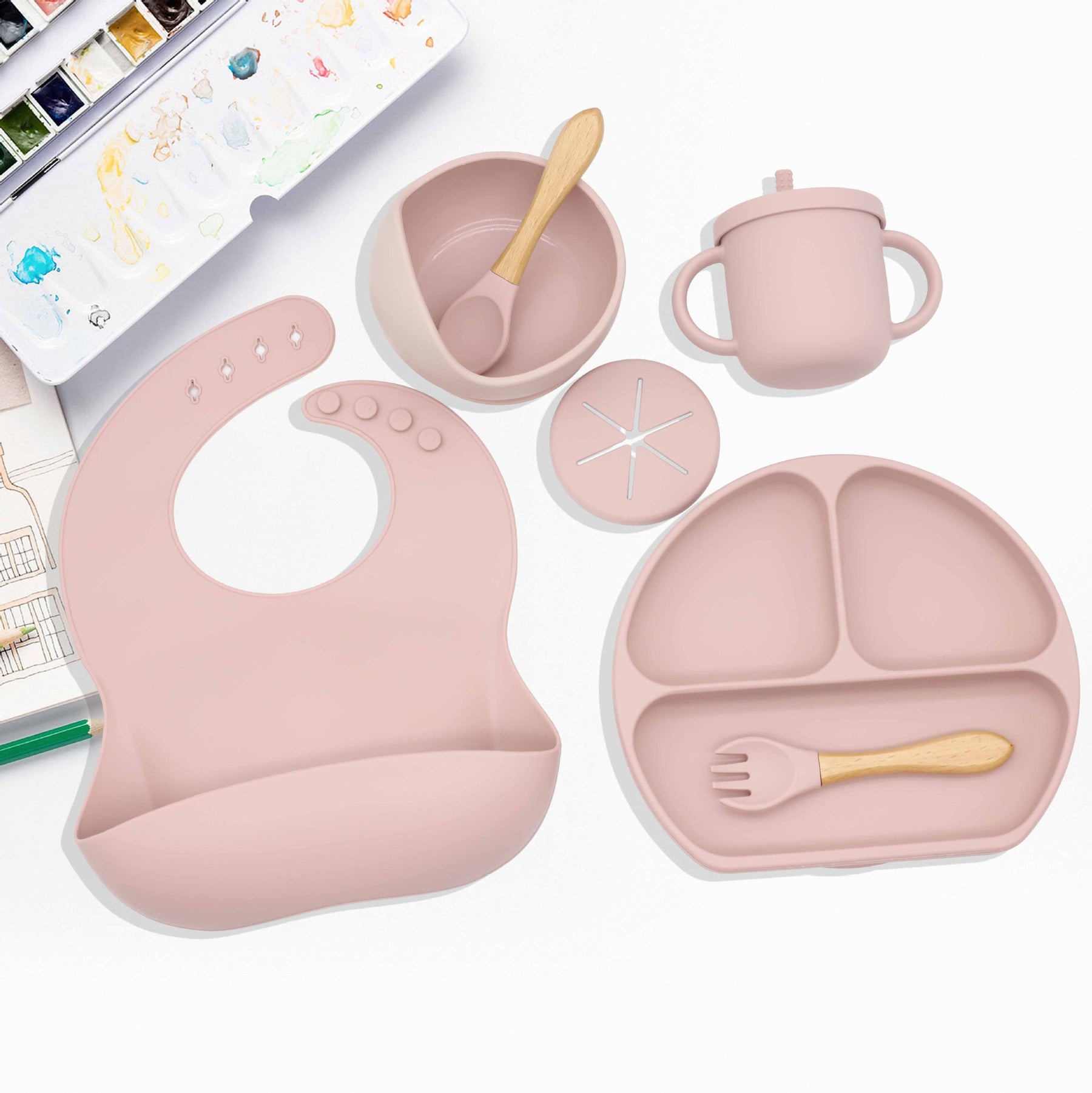 Complete Baby Dining Set: Silicone Plate, Bib, Bowl, Tableware, Mat, Spoon, Fork, Anti-Drop Snack Cup