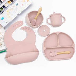 Complete Baby Dining Set: Silicone Plate, Bib, Bowl, Tableware, Mat, Spoon, Fork, Anti-Drop Snack Cup