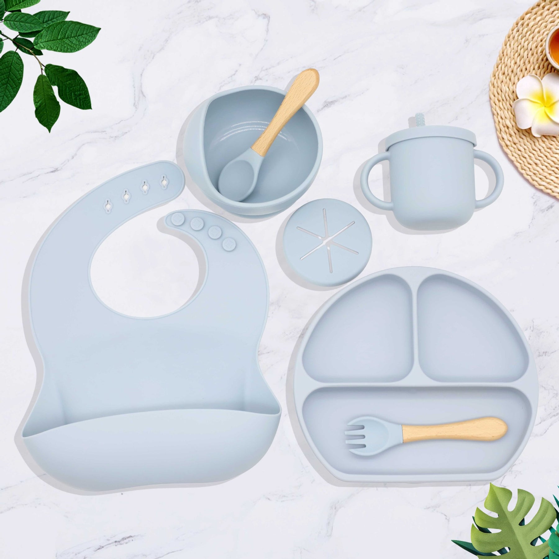 Complete Baby Dining Set: Silicone Plate, Bib, Bowl, Tableware, Mat, Spoon, Fork, Anti-Drop Snack Cup