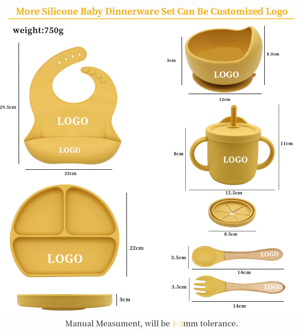 Complete Baby Dining Set: Silicone Plate, Bib, Bowl, Tableware, Mat, Spoon, Fork, Anti-Drop Snack Cup