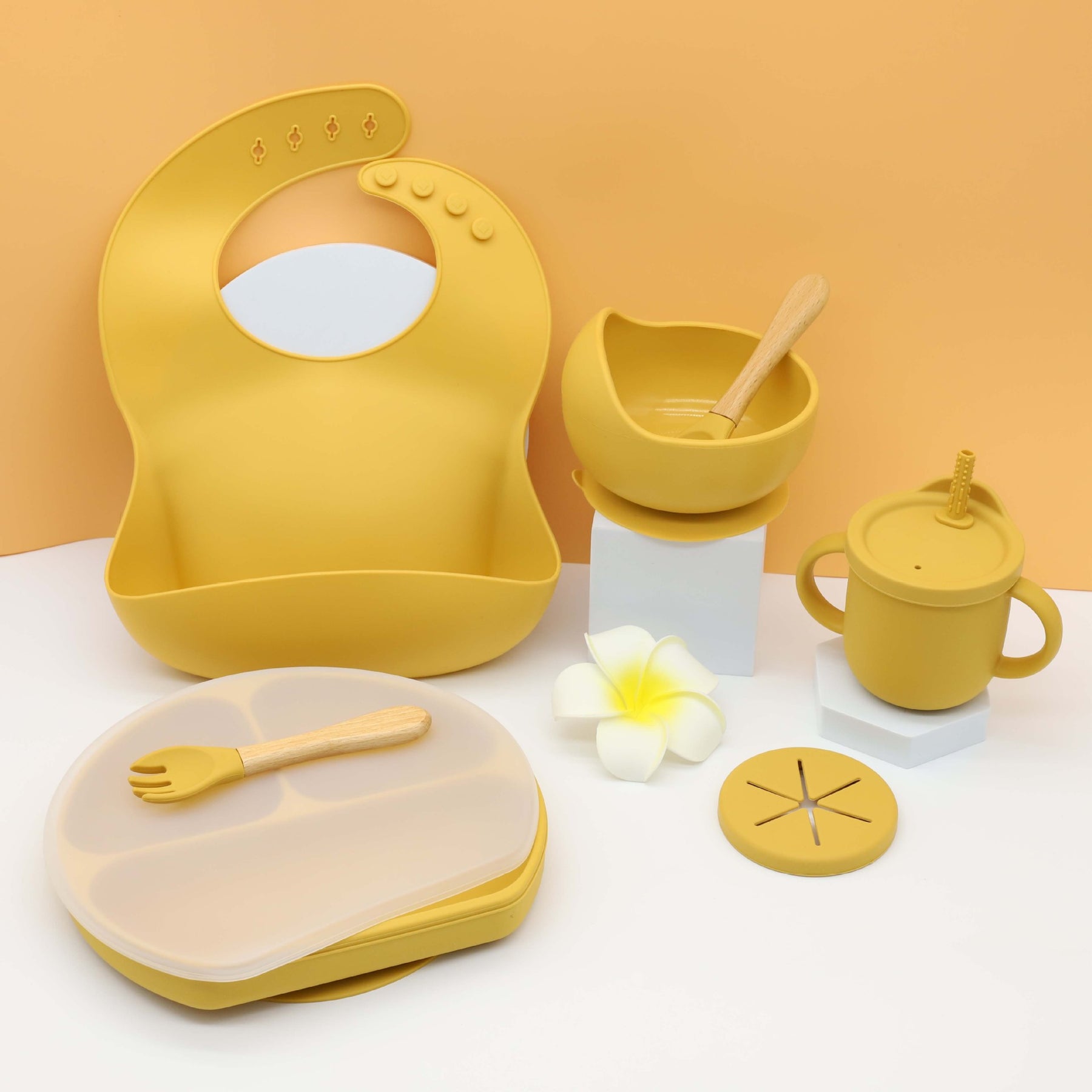 Complete Baby Dining Set: Silicone Plate, Bib, Bowl, Tableware, Mat, Spoon, Fork, Anti-Drop Snack Cup