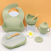 Complete Baby Dining Set: Silicone Plate, Bib, Bowl, Tableware, Mat, Spoon, Fork, Anti-Drop Snack Cup