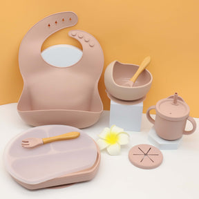 Complete Baby Dining Set: Silicone Plate, Bib, Bowl, Tableware, Mat, Spoon, Fork, Anti-Drop Snack Cup