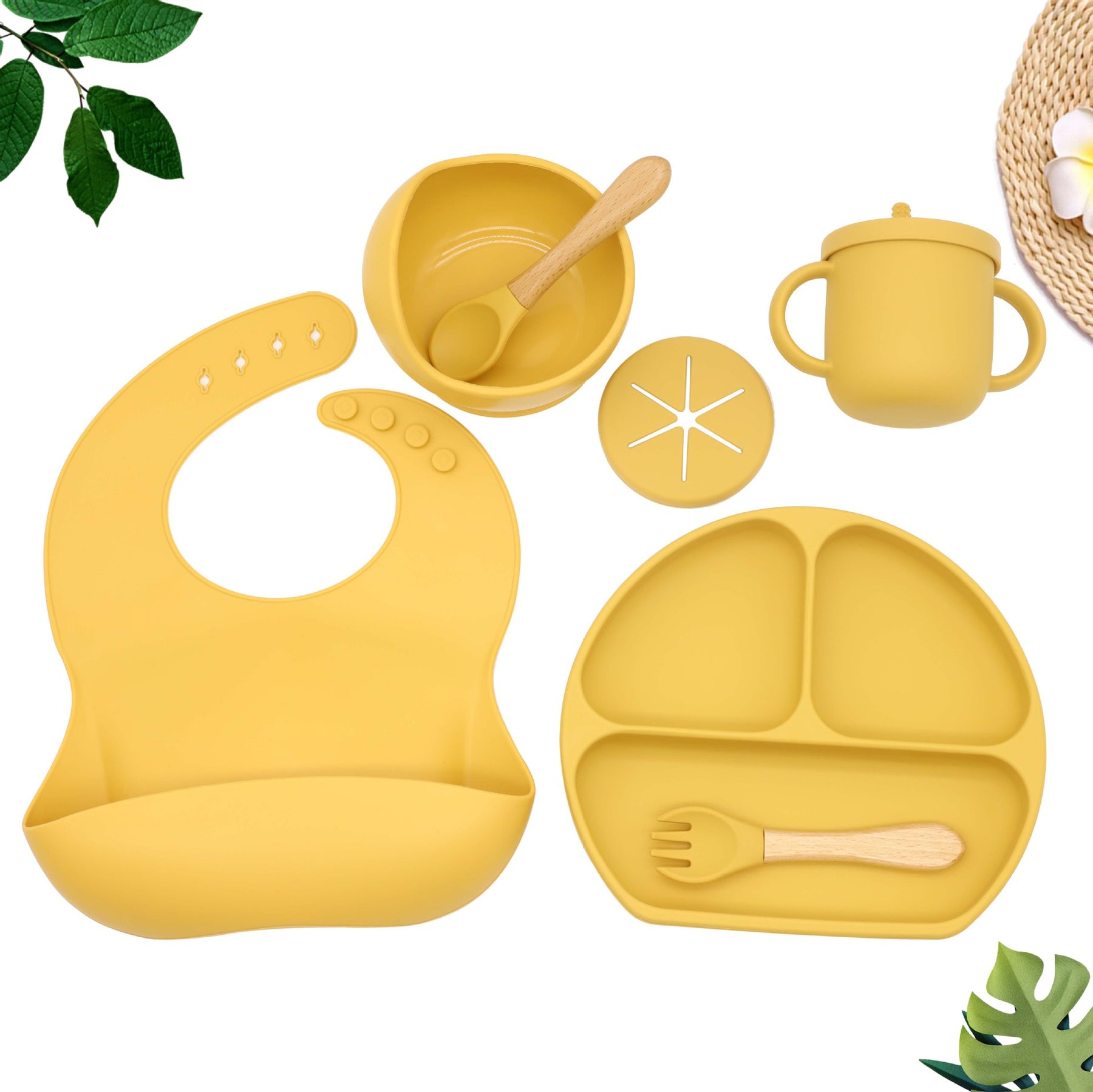 Complete Baby Dining Set: Silicone Plate, Bib, Bowl, Tableware, Mat, Spoon, Fork, Anti-Drop Snack Cup