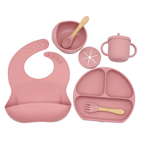 Complete Baby Dining Set: Silicone Plate, Bib, Bowl, Tableware, Mat, Spoon, Fork, Anti-Drop Snack Cup