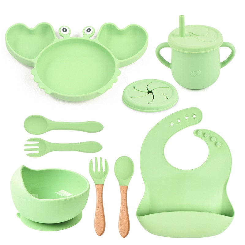 Complete Baby Feeding Set: 9Pcs Non-Slip Suction Bowl, Plate, Spoon, Bib, and Cup Set