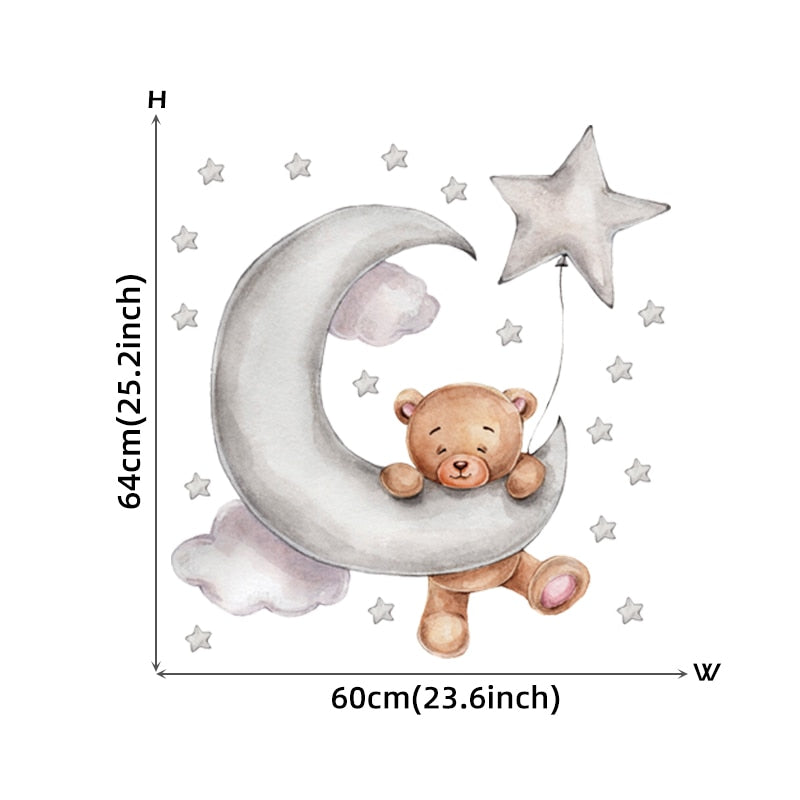 Cartoon Teddy Bear Sleeping on the Moon and Stars Wall Stickers for Kids Room Baby Room Decoration Wall Decals Room Interior