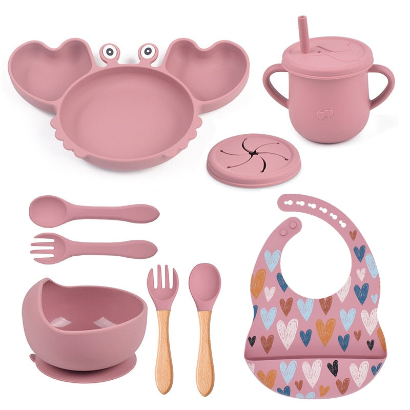 Complete Baby Feeding Set: 9Pcs Non-Slip Suction Bowl, Plate, Spoon, Bib, and Cup Set