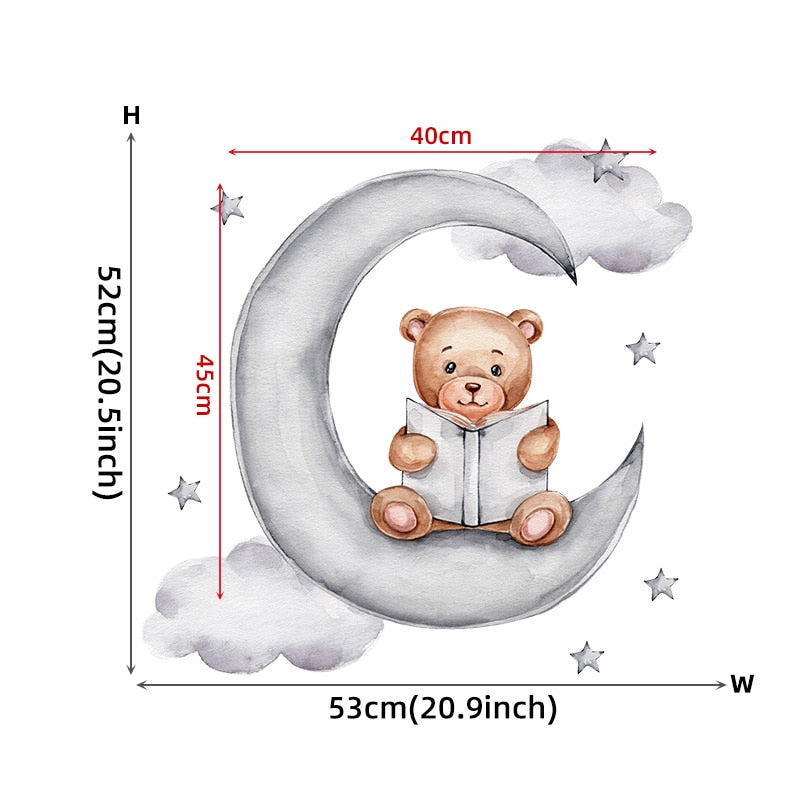 Cartoon Teddy Bear Sleeping on the Moon and Stars Wall Stickers for Kids Room Baby Room Decoration Wall Decals Room Interior