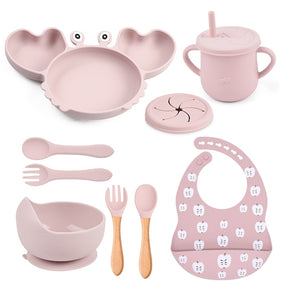 Complete Baby Feeding Set: 9Pcs Non-Slip Suction Bowl, Plate, Spoon, Bib, and Cup Set