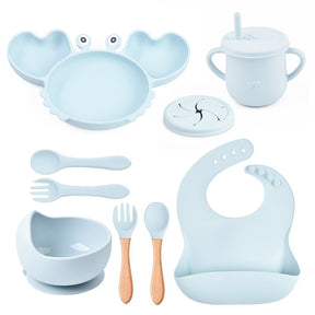 Complete Baby Feeding Set: 9Pcs Non-Slip Suction Bowl, Plate, Spoon, Bib, and Cup Set