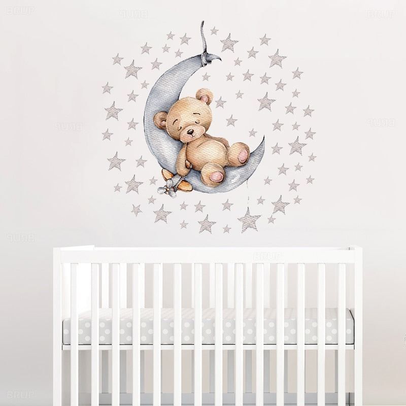 Cartoon Teddy Bear Sleeping on the Moon and Stars Wall Stickers for Kids Room Baby Room Decoration Wall Decals Room Interior