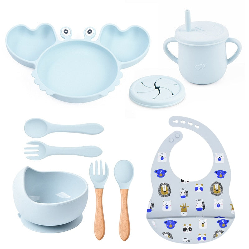 Complete Baby Feeding Set: 9Pcs Non-Slip Suction Bowl, Plate, Spoon, Bib, and Cup Set