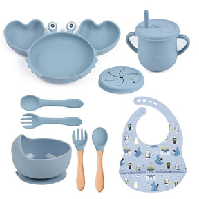 Complete Baby Feeding Set: 9Pcs Non-Slip Suction Bowl, Plate, Spoon, Bib, and Cup Set