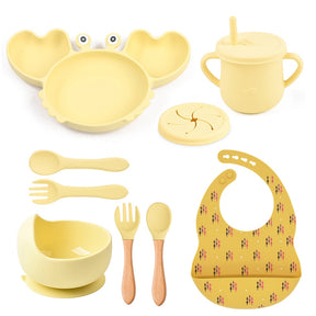 Complete Baby Feeding Set: 9Pcs Non-Slip Suction Bowl, Plate, Spoon, Bib, and Cup Set