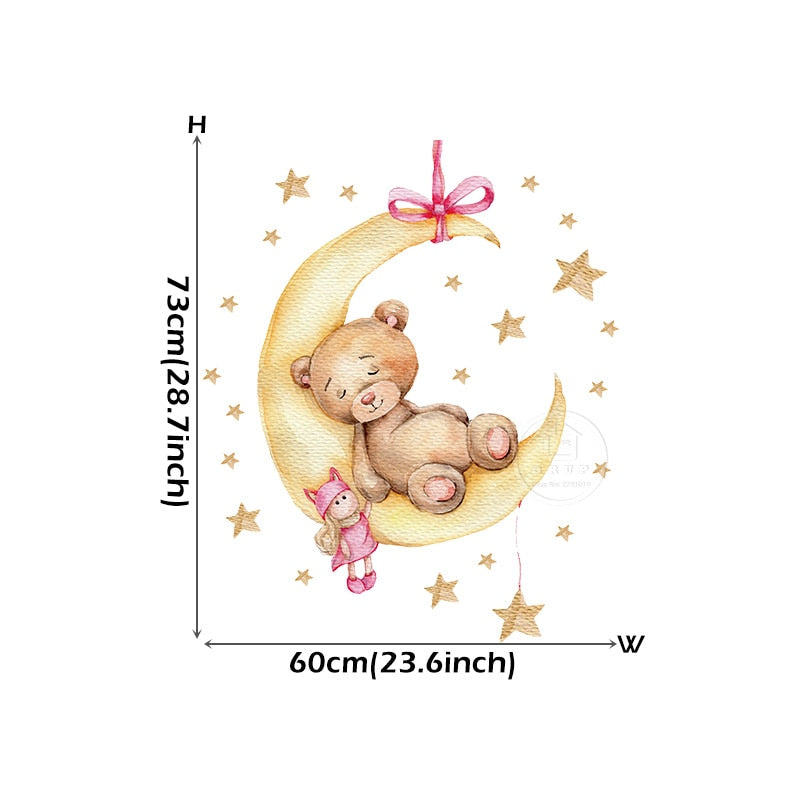 Cartoon Teddy Bear Sleeping on the Moon and Stars Wall Stickers for Kids Room Baby Room Decoration Wall Decals Room Interior