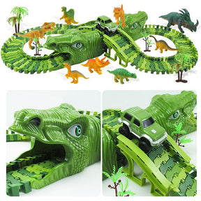 Dinosaur Electric Rail Car Track Racing Toy Set: 153pcs Bendable Race Track with Flashing Light Car, Educational Kids Gift