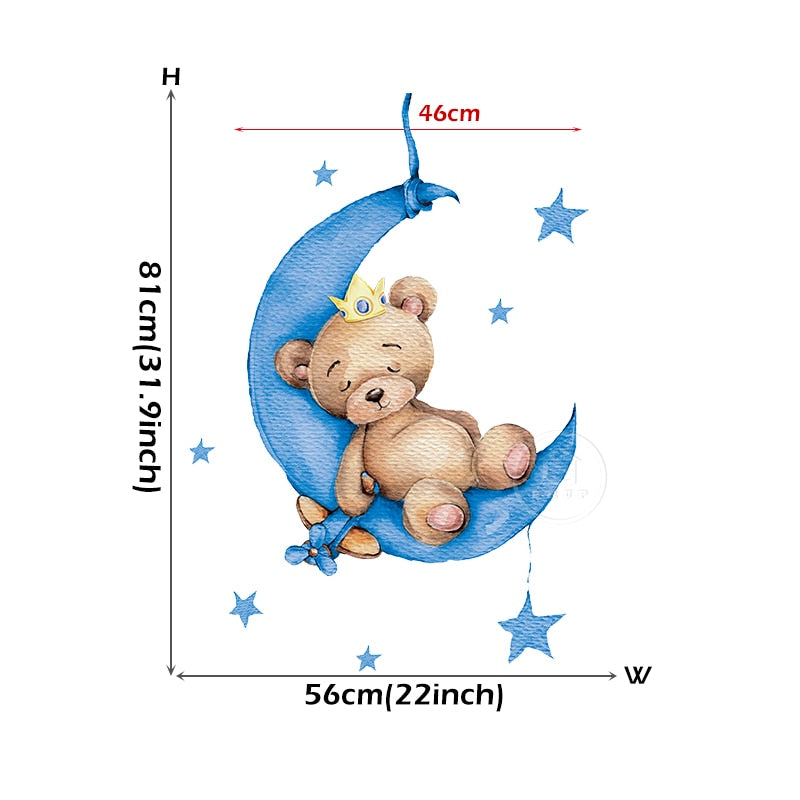 Cartoon Teddy Bear Sleeping on the Moon and Stars Wall Stickers for Kids Room Baby Room Decoration Wall Decals Room Interior