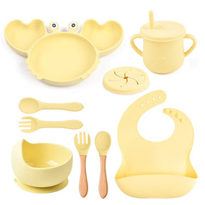 Complete Baby Feeding Set: 9Pcs Non-Slip Suction Bowl, Plate, Spoon, Bib, and Cup Set