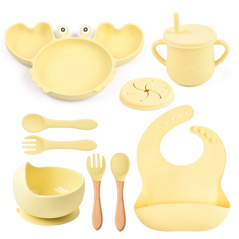 Complete Baby Feeding Set: 9Pcs Non-Slip Suction Bowl, Plate, Spoon, Bib, and Cup Set