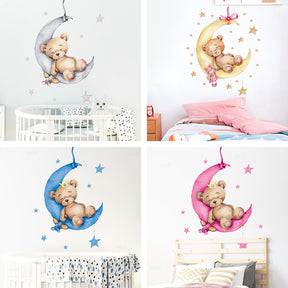 Cartoon Teddy Bear Sleeping on the Moon and Stars Wall Stickers for Kids Room Baby Room Decoration Wall Decals Room Interior