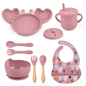 Complete Baby Feeding Set: 9Pcs Non-Slip Suction Bowl, Plate, Spoon, Bib, and Cup Set