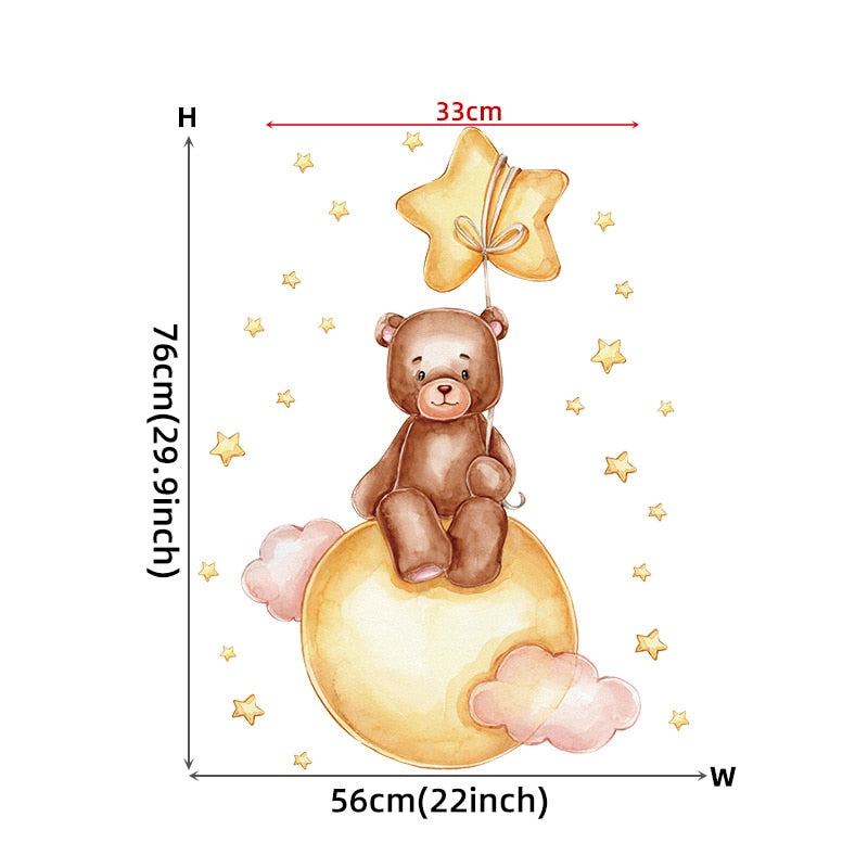 Cartoon Teddy Bear Sleeping on the Moon and Stars Wall Stickers for Kids Room Baby Room Decoration Wall Decals Room Interior