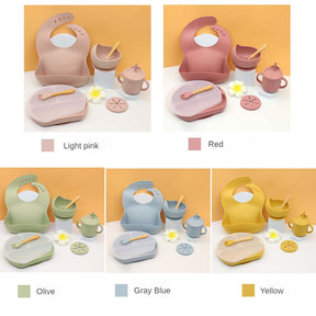 Complete Baby Dining Set: Silicone Plate, Bib, Bowl, Tableware, Mat, Spoon, Fork, Anti-Drop Snack Cup