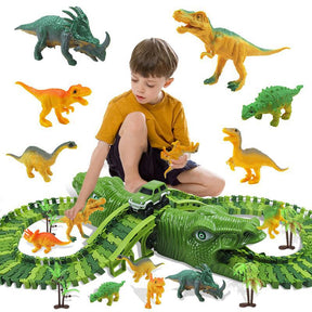 Dinosaur Electric Rail Car Track Racing Toy Set: 153pcs Bendable Race Track with Flashing Light Car, Educational Kids Gift