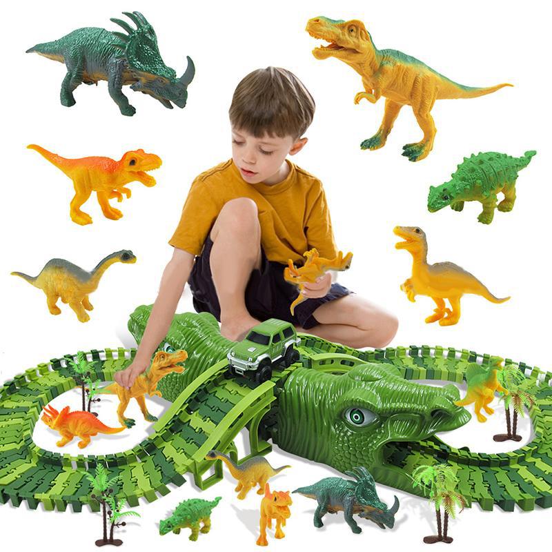 Dinosaur Electric Rail Car Track Racing Toy Set: 153pcs Bendable Race Track with Flashing Light Car, Educational Kids Gift