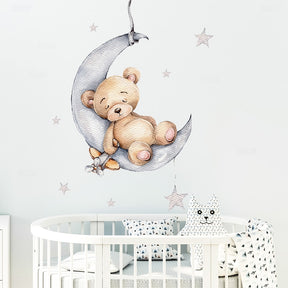 Cartoon Teddy Bear Sleeping on the Moon and Stars Wall Stickers for Kids Room Baby Room Decoration Wall Decals Room Interior