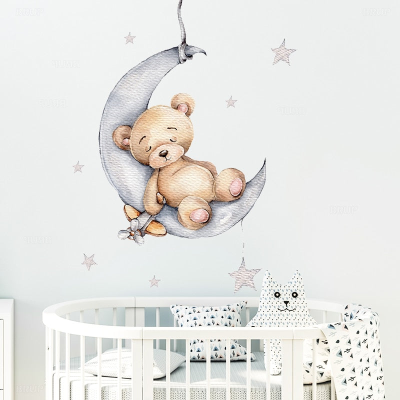 Cartoon Teddy Bear Sleeping on the Moon and Stars Wall Stickers for Kids Room Baby Room Decoration Wall Decals Room Interior